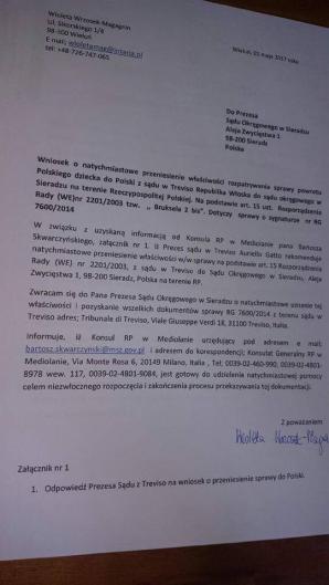 [VIDEO] Przełom w sprawie polskiego dziecka we Włoszech! Prezes Sądu w Treviso Aurelio Gatto proponuje przeniesienie rozprawy do Sieradza!