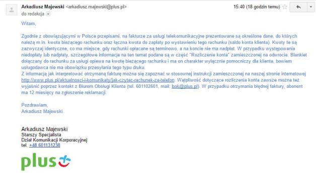 Plus GSM absurdalnie tłumaczy swoje faktury. Każe czytać odwrotną stronę i regulamin!
