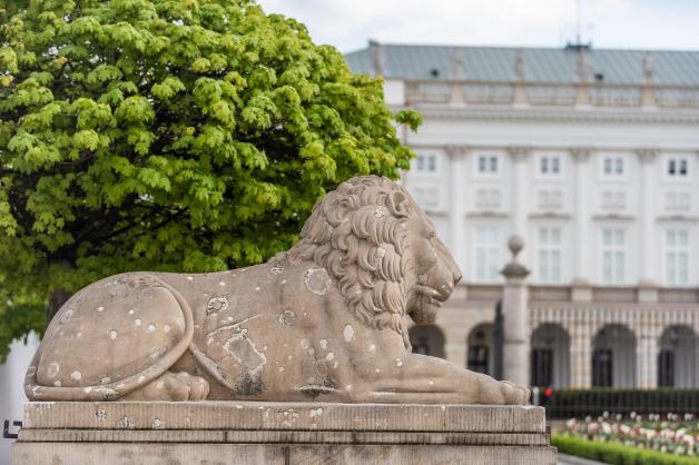 Konserwacja kamiennych rzeźb lwów przed dziedzińcem Pałacu Prezydenckiego