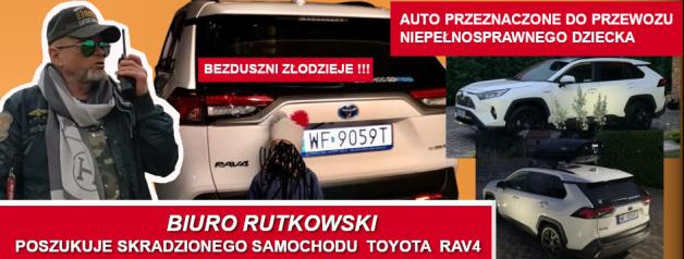 Biuro Rutkowski poszukuje samochodu BIAŁEJ TOYOTY RAV4 o numerach rej. WF 9059T skradzionego w Nowym Dworze Mazowieckim. Bezduszni złodzieje ukradli auto do przewozu niepełnosprawnego dziecka